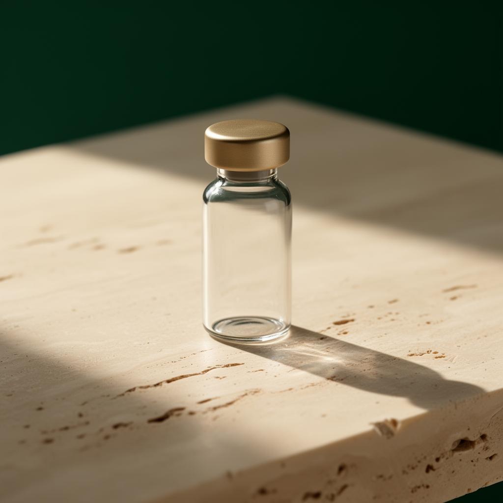 Clinical glass vial with brushed gold cap on travertine